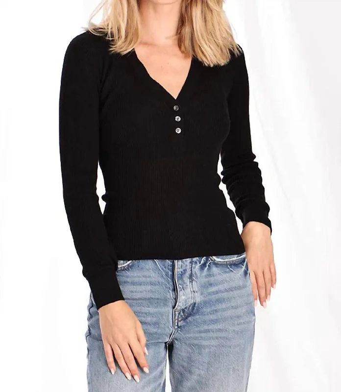 Fresh Styles, Fresh Deals Fine Silk/cashmere Henley Long Sleeve Top In Black