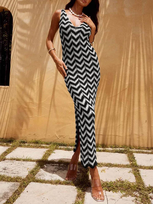 Ride The Style Wave Summer V-Neck Striped Crochet Graceful Slit Sexy Maxi Dress