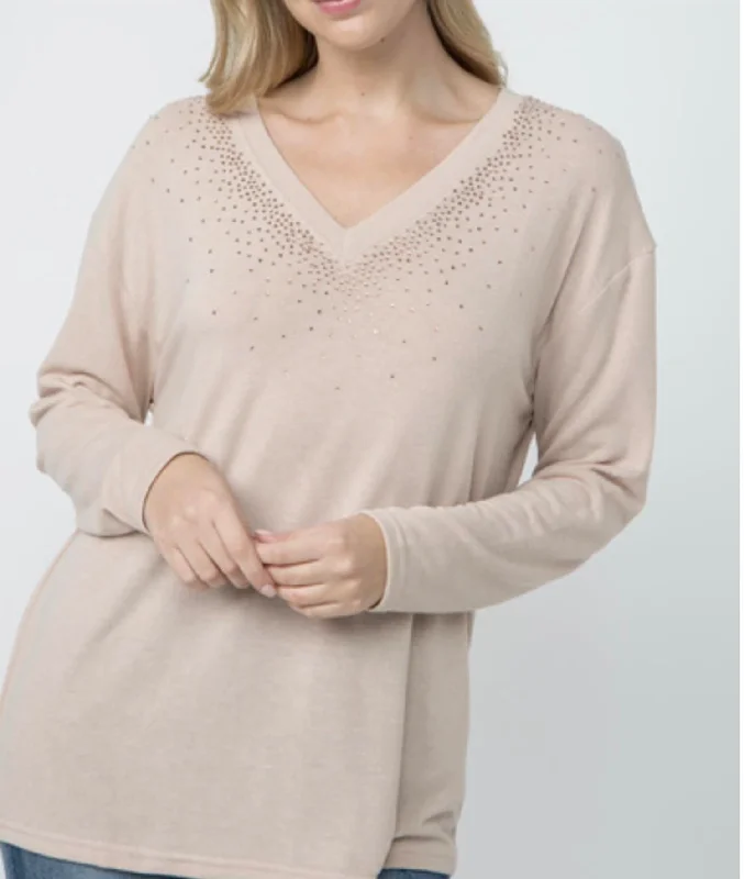 Style Upgrade Vneck Long Sleeve Top With Stones On Neckline In Sand