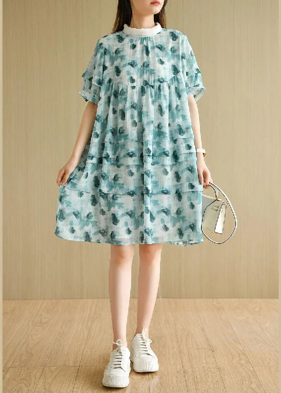 Trend Leading Collection Fashion Green Peter Pan Collar Print Summer Cotton Dress Short Sleeve