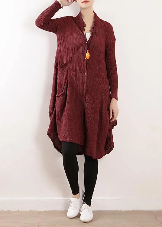 Stylish Everyday Clothing Style v neck asymmetric linen Robes Neckline burgundy Dress fall