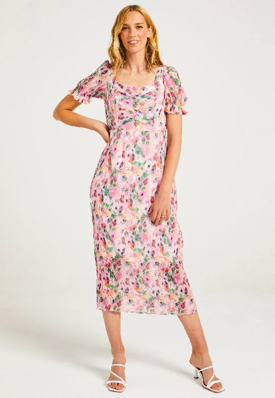 Discount Price Pink Plisse Midaxi Dress in Abstract Print