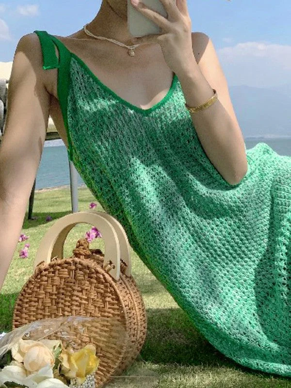 Relaxed Style Lace Up Green Crochet Knit Maxi Dress