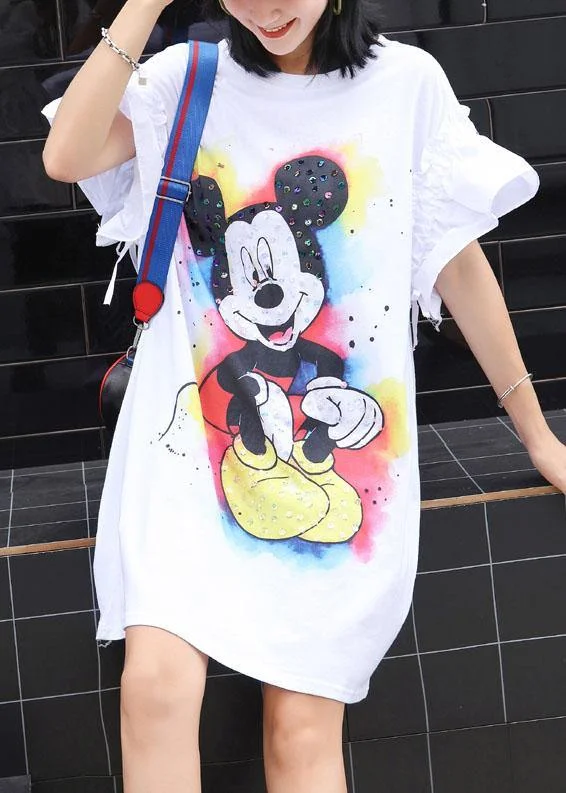 Runway Inspired Wear Beautiful white Cartoon print Cotton clothes flare sleeve shift summer Dress