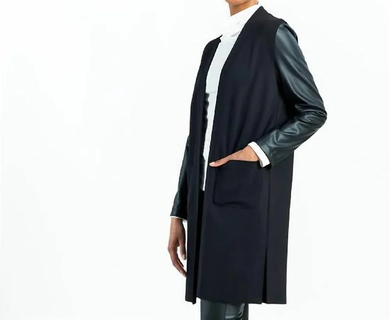 Chic Style, Always In Vogue Ponte + Liquid Leather Sleeve Cardigan In Black