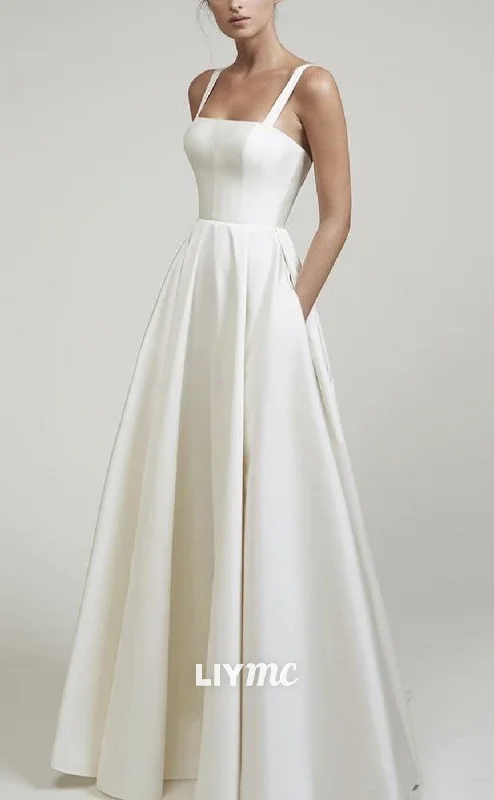 The Latest Fashion Trends LW942 - Square Sleeveless Sleek Satin Pleated A-Line Beach Wedding Dress