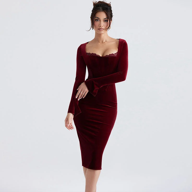 Latest Trends Velvet Long Sleeve Lace Trim Mesh Panel Corset Bodycon Midi Dress - Burgundy