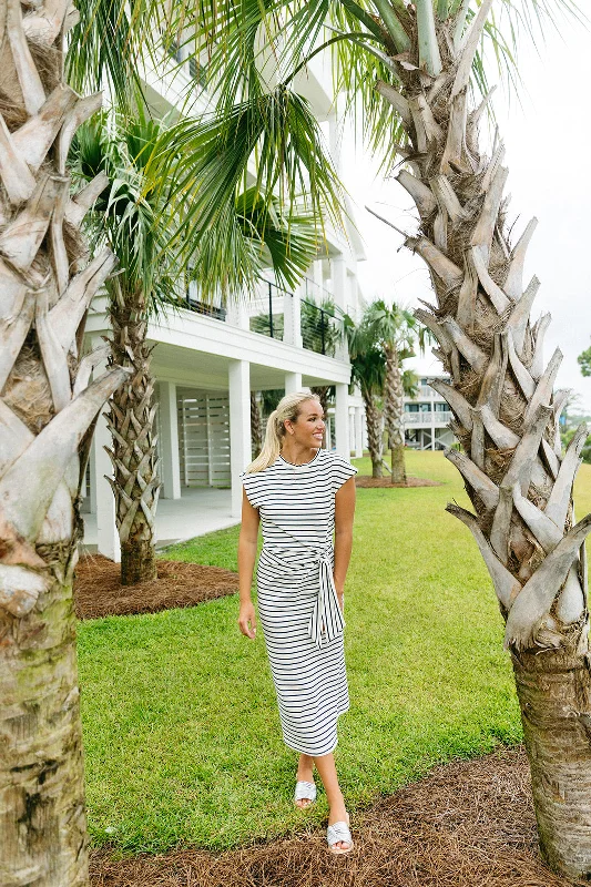 Elegant Styles Stripe Tie Midi Dress - White/Navy