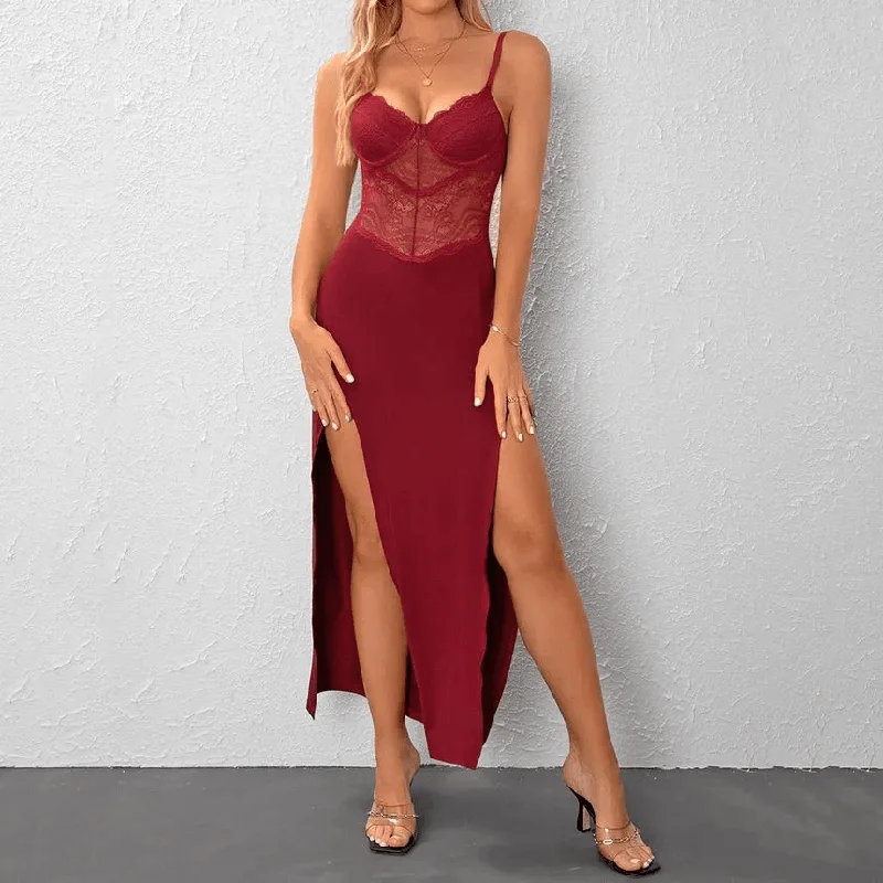 Unleash Your Trendy Side KittenAlarm - Stella Spaghetti Strap Plain Slit Panel Lace Maxi Dress