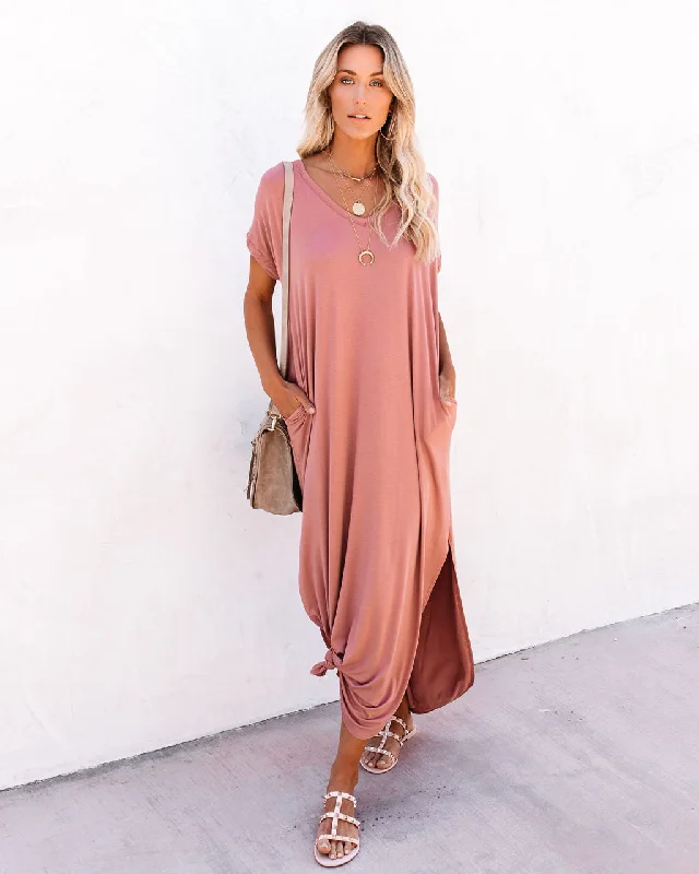 Women's Street Style Casual Wear Farmers Market Pocketed Modal Maxi Dress - Marsala