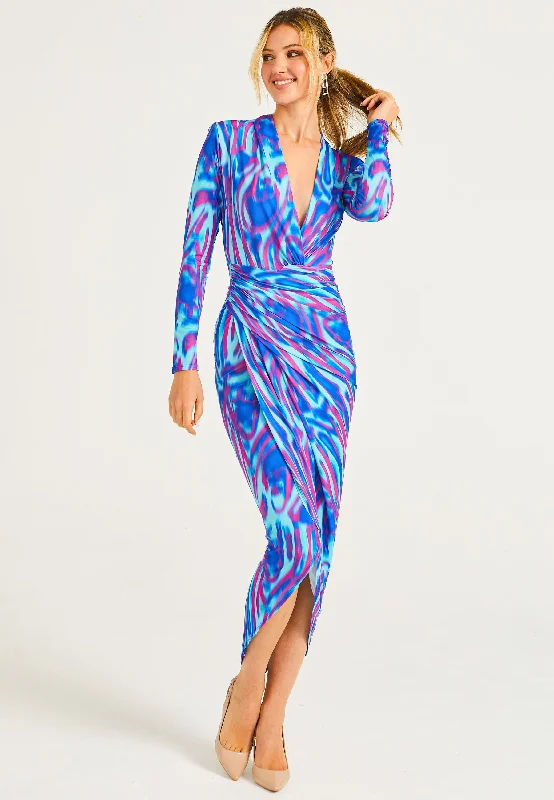 Bundle Offer Plunge Neck Faux Wrap Print Midi Dress in Watercolour