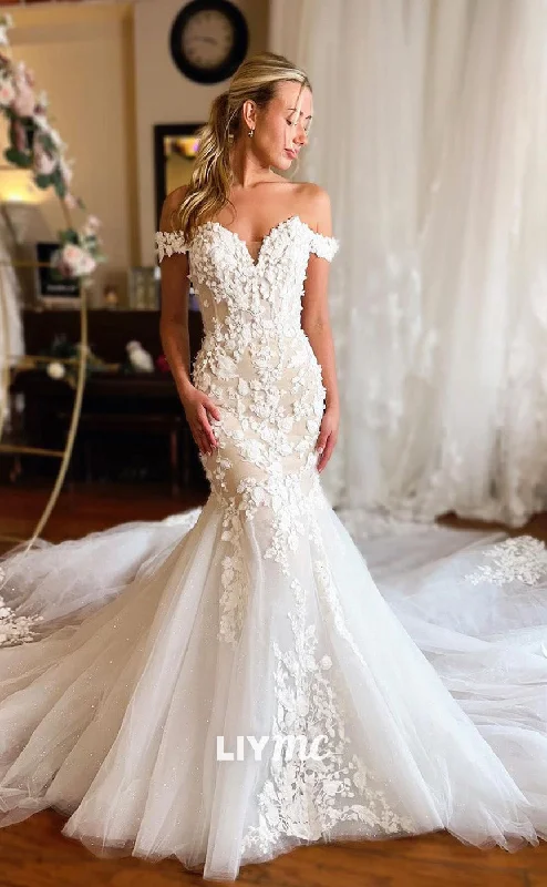 Trend Setting Wardrobe LW915 - Off-Shoulder Sleeveless Lace Appliques Tulle Mermaid Wedding Dress