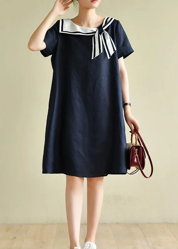 High-End Women's Apparel Casual navy style collar short sleeve mid-length dress