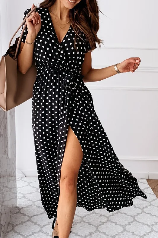 Affordable Women's Fashion Fashion Elegant Polka Dot Frenulum Slit V Neck A Line Dresses