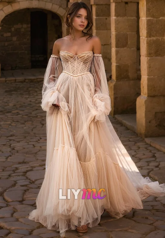 Vintage Style Clothing Sale Sweetheart Long Sleeves Tulle A-Line Wedding Ball Gown Dress