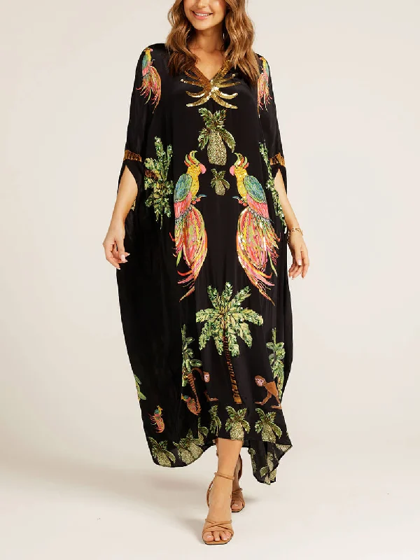 Wardrobe Essentials Unique Drop Shoulder Sleeve Graceful Coconut Tree Printed Dress