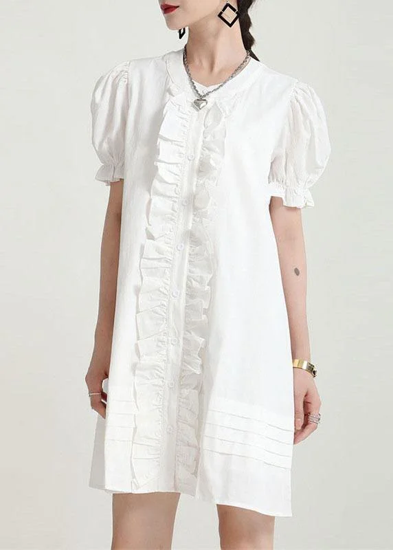 High End Women's Wear Modern White Puff Sleeve Button Summer Ruffled Dress Short Sleeve