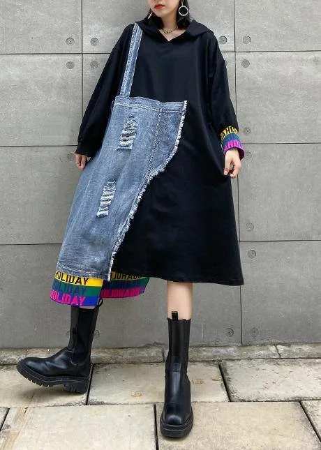 Evening Elegance Italian black patchwork denim blue quilting clothes o neck Hole long Dress