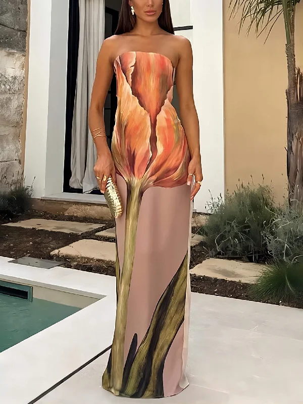 Chic And Trendy Stylish Graffiti Print Charming Sleeveless Off-Shoulder Maxi Dress