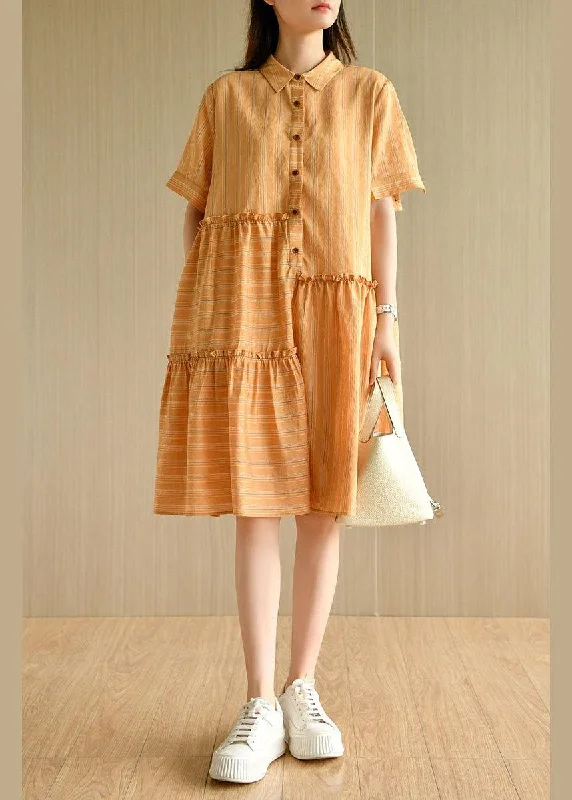 Trendy Styles Style Orange Striped Button Asymmetrical Design Ruffled Summer Vacation Dress