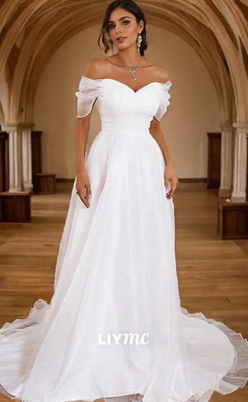 Timeless Elegance LW639 - A-Line Princess Tulle Ruched Off-the-Shoulder Sleeveless Sweep Train Wedding Dresses