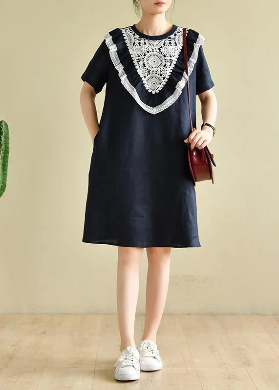 Contemporary Women's Clothing Women navy patchwork lace quilting clothes o neck loose Dress