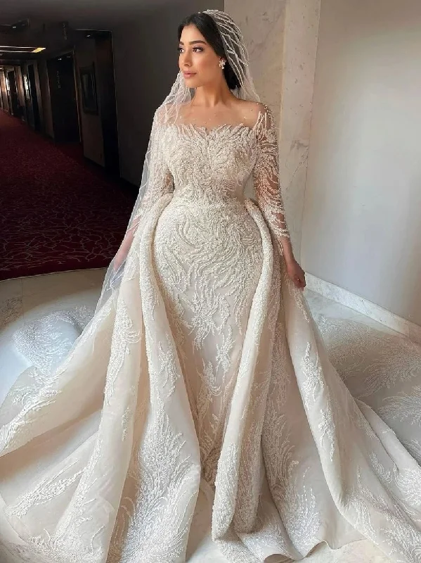 Stylish Everyday Clothing Illusion Long Sleeve Wedding Gown Beaded Mermaid Bride Dresses For Women 2024 Luxury Sequins Wedding Dress  Vestidos De Novia