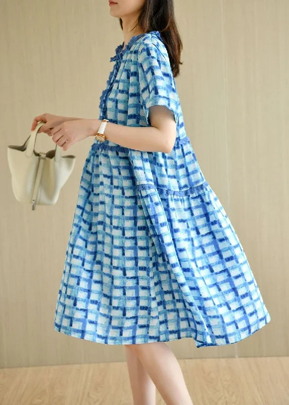 Chic Style, Always In Vogue Unique Blue Plaid O-Neck A Line Summer Chiffon Dress Short Sleeve