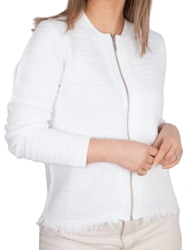 Women's Activewear for Exercise and Sports Texture Fringe Zip Cardigan In White