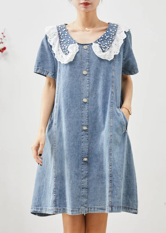 Holiday Gift Guide Sale Cute Blue Peter Pan Collar Nail Bead Denim Vacation Dress Summer