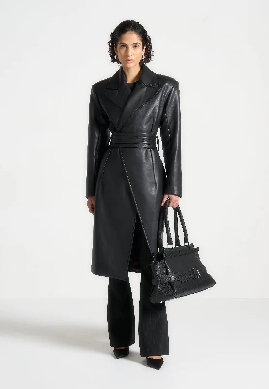 Flash Sale, Don't Miss Leather Asymmetric Belted Coat - Black