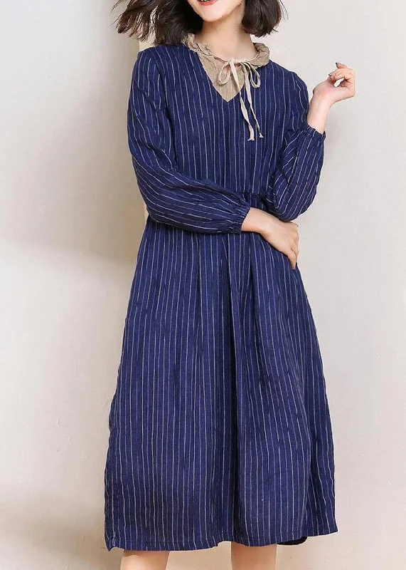 Women's Online Clothing Boutique Women blue striped linen dresses v neck Dresses patchwork  Dresses