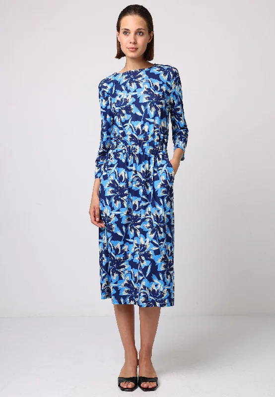 Mega Sales Elasticated Waist Midi Dress In Blue Floral Print