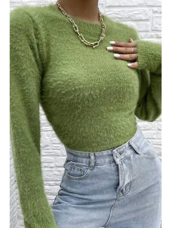 Imeless Style Fuzzy Open Back Sweater In Green