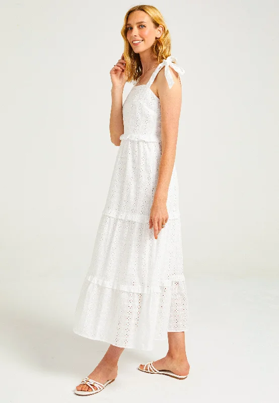 Affordable Online Boutique Strappy Tie White Maxi Broderie Tiered Dress