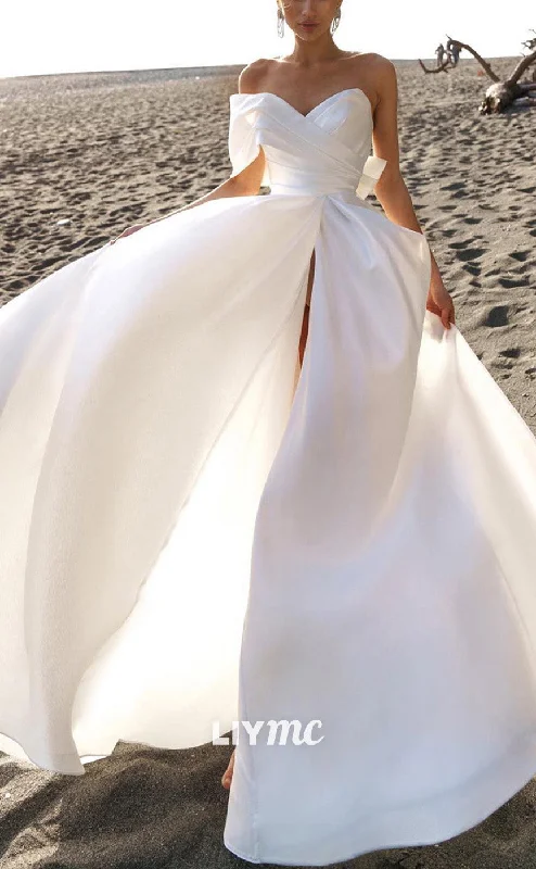 Quality Driven Apparel LW858 - Sweetheart Strapless Pleated Bowknot High Slit Pleated A-Line Beach Wedding Dress