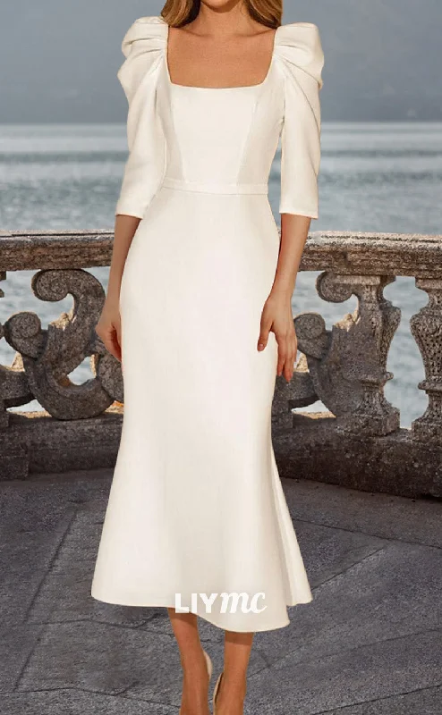 Everyday Fashion LW690 - Square Long Sleeves Sleek Satin Sheath Beach Wedding Dress