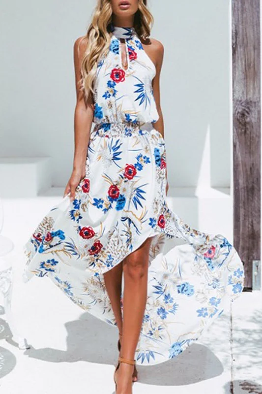 Clearance Sale Online Fashion Elegant Floral Hollowed Out Frenulum Halter Irregular Dress Dresses