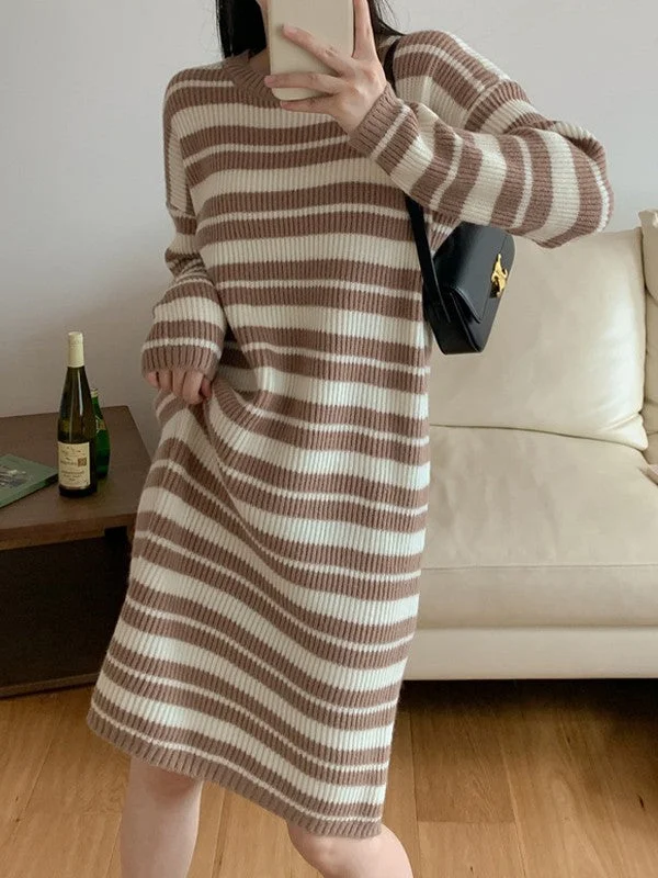 Trendy Street Style Clothing Knitted Stripe Long Sleeve Maxi Dress