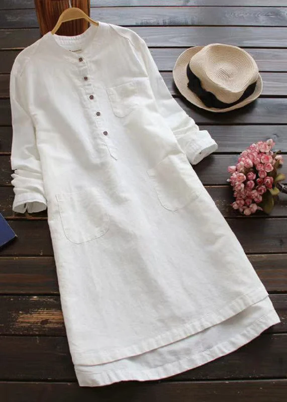 Festival Fashion Loose White Button Pockets Linen Shirt Dresses Long Sleeve