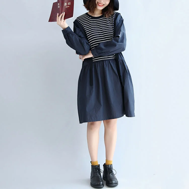 Comfort Meets Fashion autumn cotton patchwork knit striped dresses oversize elastic waist long sleeve mid dress