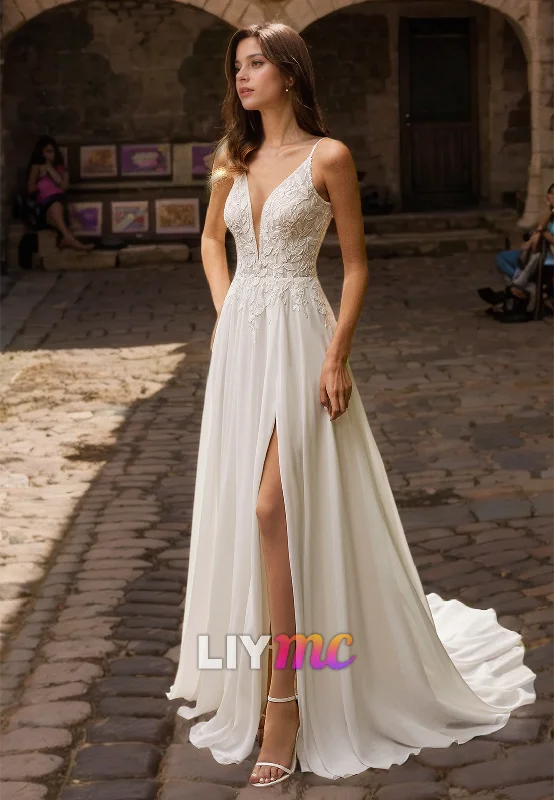 Earthy Tones V-Neck Spaghetti Straps Appliques Pleated A-Line Wedding Dress