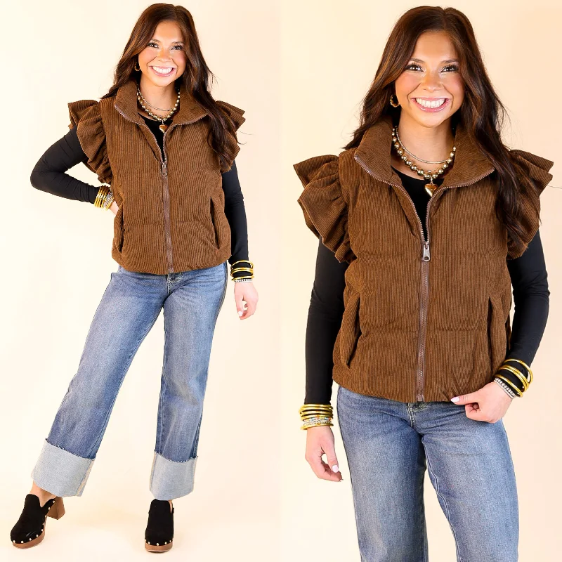 Affordable Women's Fashion Winter Wanderlust Corduroy Puffer Vest with Ruffle Sleeves in Brown