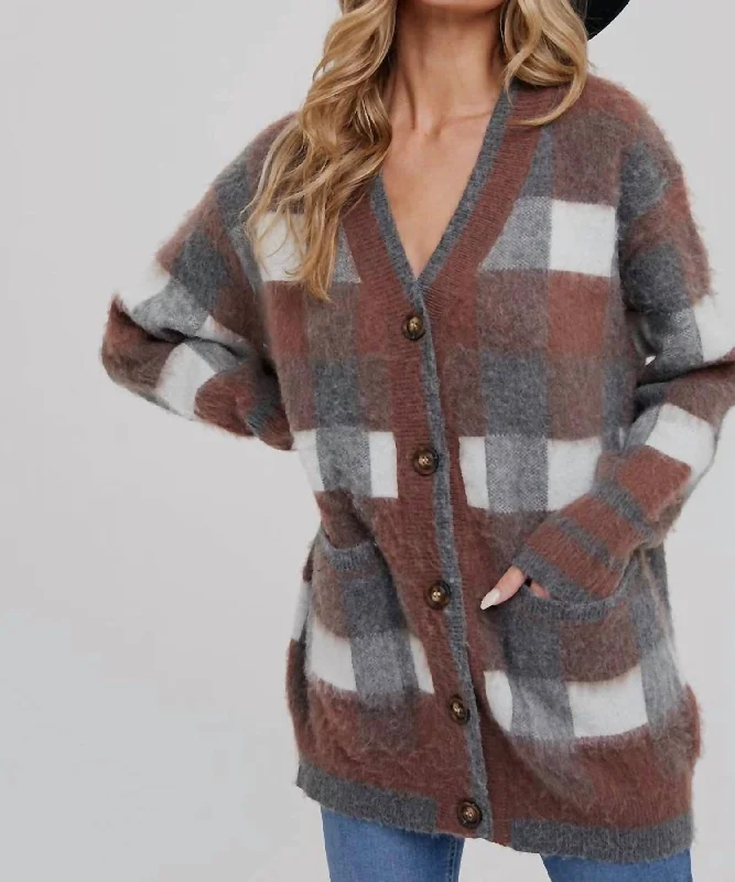 Cheap Women's Clothing Online Tartan Plaid Print Cardigan In Brown Multi