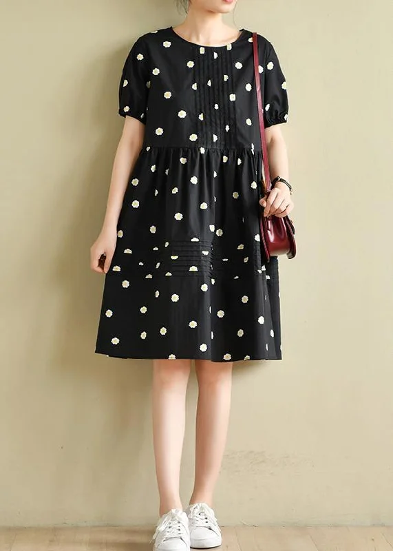 Chic Women's Clothing Chic o neck Cinched clothes black daisy print Dresses