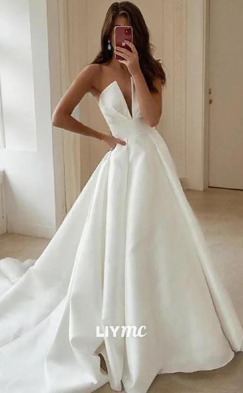 Bold Prints Casual Chic LW630 - A-Line Princess V-neck Sweep Train Satin Wedding Dresses