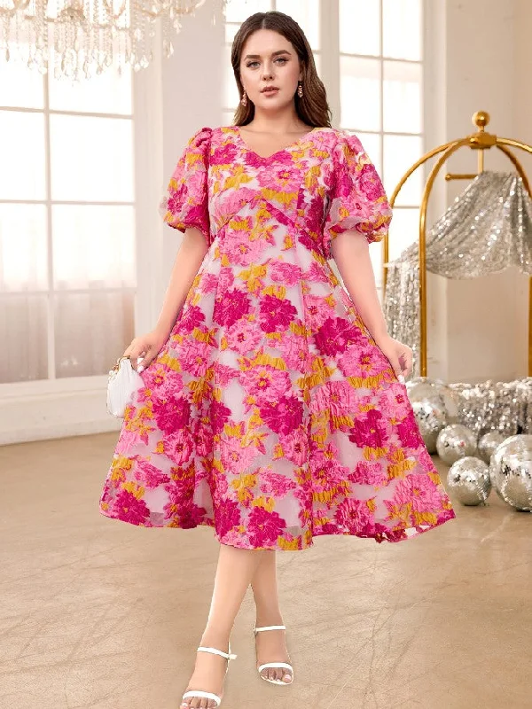 Chic Style AOMEIDRESS Pink Jacquard Floral Dress V Neck Short Sleeves High Waist