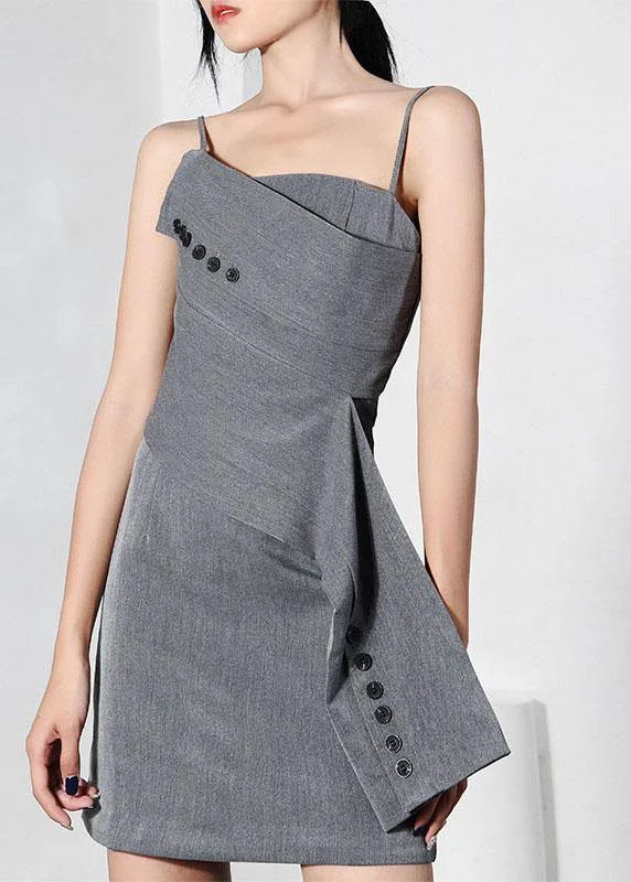 City Fashion Trendy Grey asymmetrical design Button Spaghetti Strap Mini Dress