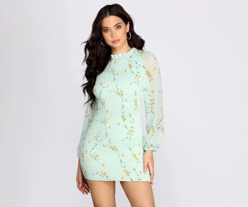 Runway Inspired Wear Floral Chiffon Blouson Mini Dress