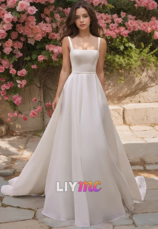 Innovate Your Wardrobe Square Straps Pleated Sleek Satin A-Line Wedding Dress